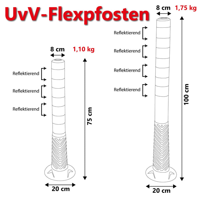 UvV-Reflex Absperrpfosten, Poller 75 oder 100 cm hoch, flexibel weiß, rote reflektierende Folie, selbstaufrichtend inkl. Befestigungsmaterial und Schrauböse
