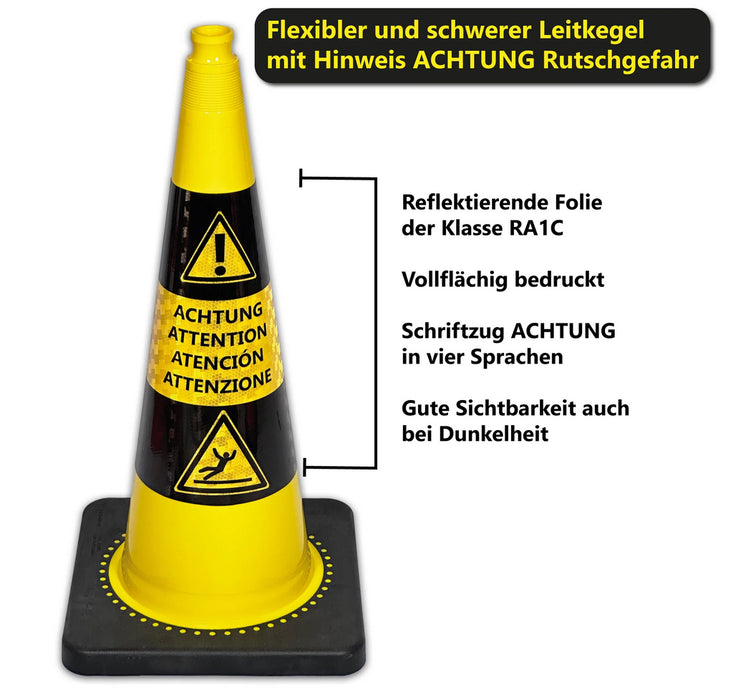 Leitkegel Achtung Rutschgefahr (Mehrsprachig) + Symbol, Kegel 75cm hoch 4,5 kg gelb schwarz reflektierend