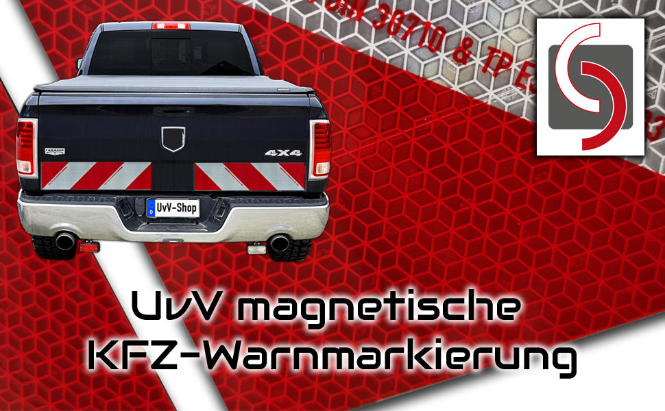 UvV-Reflex magnetische Kfz-Warnmarkierung im Set DIN 30710 für 1 KFZ mit 4 Streifen - 4x141x564 - 2 x linksweisend. und 2 x rechtsweisend / Optional auch selbsthaftend