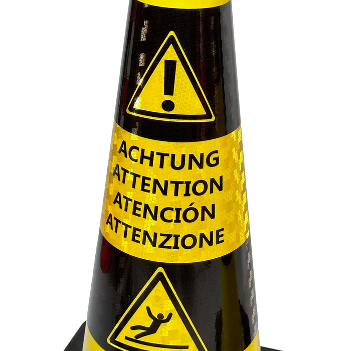 Leitkegel Achtung Rutschgefahr (Mehrsprachig) + Symbol, Kegel 75cm hoch 4,5 kg gelb schwarz reflektierend