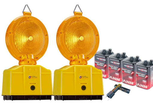 Baustellenleuchte Set 2 Warnleuchten gelb inkl. 4 Batterien 9Ah 1 Lampenschlüssel.