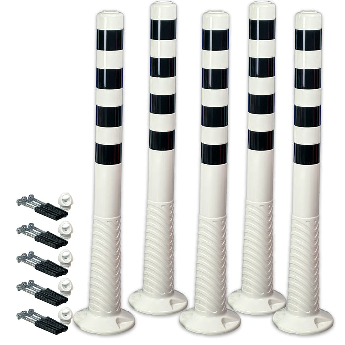 UvV-Reflex Absperrpfosten, Poller 75 oder 100 cm hoch, flexibel weiß, schwarz reflektierende Folie, selbstaufrichtend inkl. Befestigungsmaterial und Schrauböse