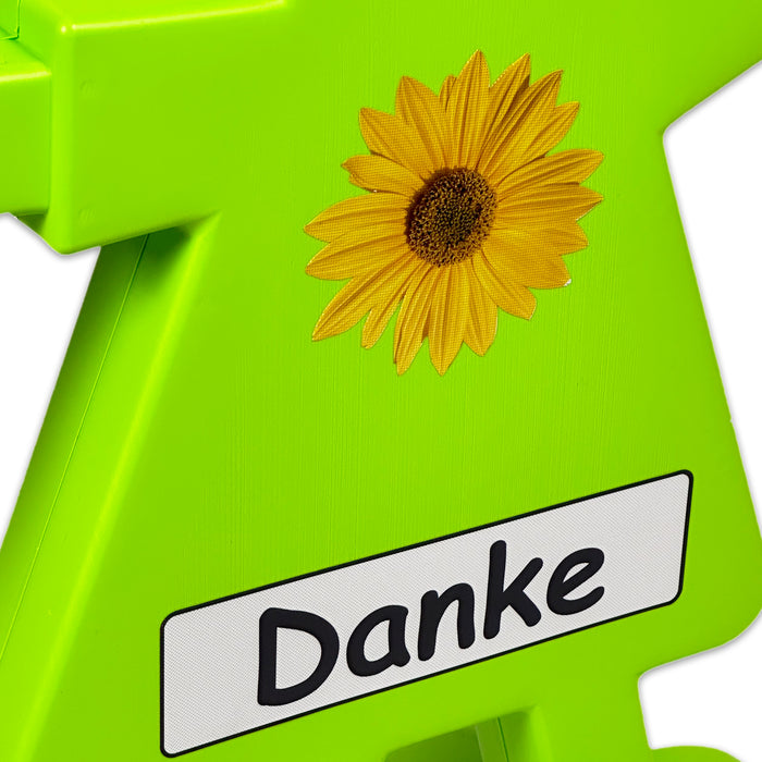3D Warnschild "Vorsicht | Danke" mit reflektierender Folie und Design Sonnenblume | Sicherheits-Verkehrsmännchen für mehr Verkehrssicherheit