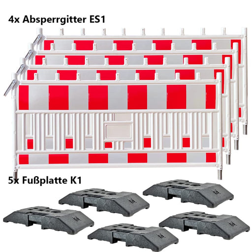 UvV-Shop UvV Absperrgitter TL Schrankenzaun ES + Set 4 Absturzsicherungen + 5 K1 Fußplatten mit RA1 oder RA2 (Reflexfolie Typ RA2B)