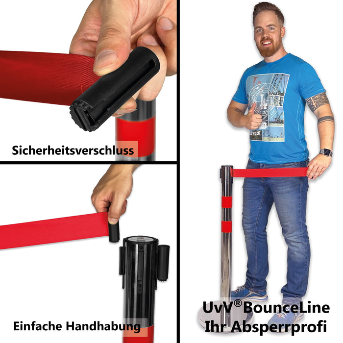 UvV BounceLine Personenleitsystem, Absperrpfosten, Edelstahl, 2 Pfosten 90 cm hoch je 3 m Gewebeband