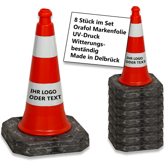 UvV-Shop UvV Bigfoot EVO Verkehrsleitkegel 50 cm | 2,4 kg | RA1 Reflexfolie 8er Set mit Wunschtext Logo