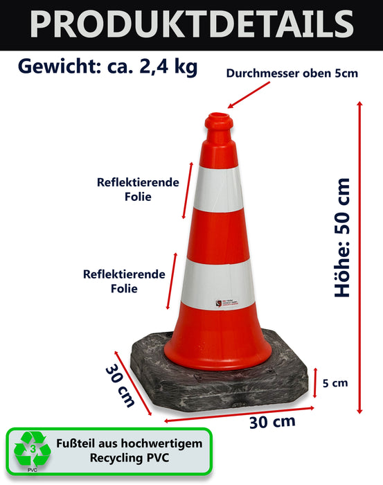 UvV Bigfoot EVO Verkehrsleitkegel 50 cm | 2,4 kg | RA1 Reflexfolie