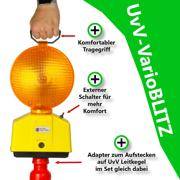 Leitkegel 75 cm mit Blitzleuchte – Komplettset, RA2, 5,5 kg, kippstabil, Recycling-PVC/HD-PE