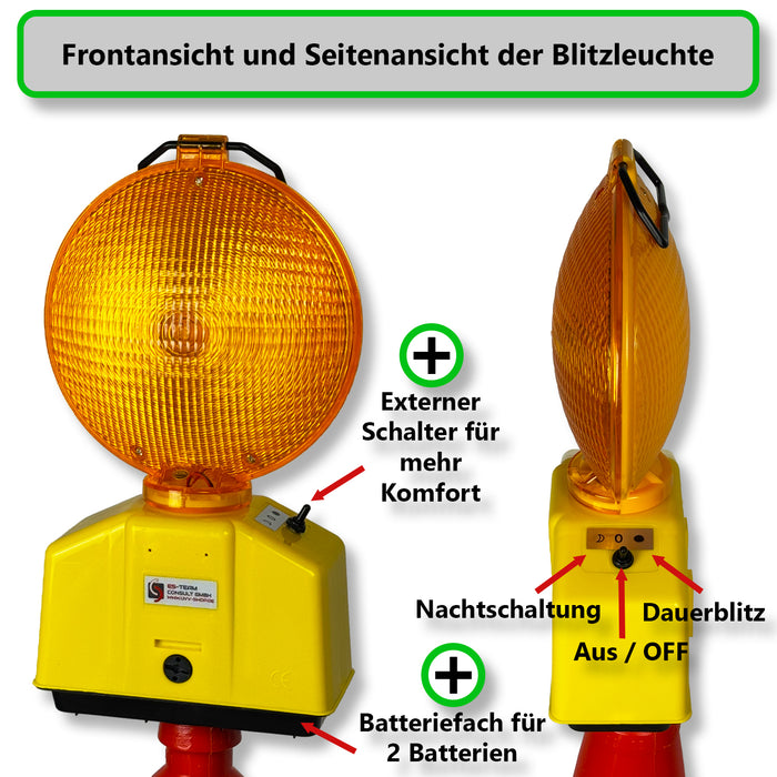 Leitkegel 75 cm mit Blitzleuchte – Komplettset, RA2, 5,5 kg, kippstabil, Recycling-PVC/HD-PE