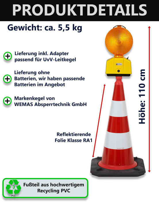 Leitkegel 75 cm mit Blitzleuchte – Komplettset, RA2, 5,5 kg, kippstabil, Recycling-PVC/HD-PE