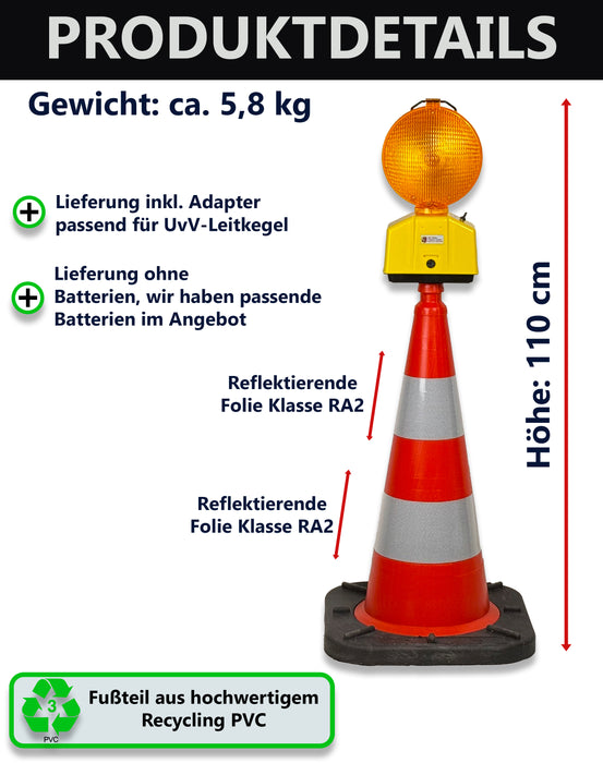 Leitkegel 75 cm mit Blitzleuchte – Komplettset, RA2, 5,5 kg, kippstabil, Recycling-PVC/HD-PE