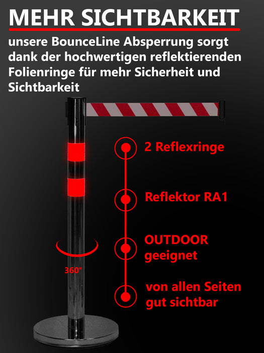 UvV BounceLine Personenleitsystem, Absperrpfosten, Edelstahl, 2 Pfosten 90 cm hoch je 3 m Gewebeband