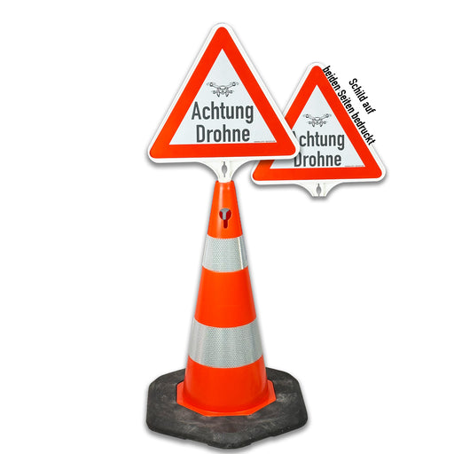 UvV-Shop Achtung Drohne: Reflektierender Kegel mit wechselbarem Schild – Schnell aufgestellt mobil einsetzbar 70 cm Schild beide Seiten bedruckt