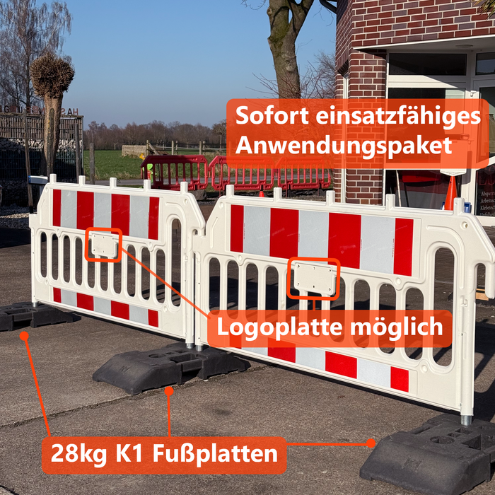 UvV-Shop UvV Absperrgitter ES-King 2 Meter Schrankenzaun ES + Set 4 Absturzsicherungen + 5 K1 Fußplatten mit RA1 oder RA2 (ES-King-Gitter-RA1)