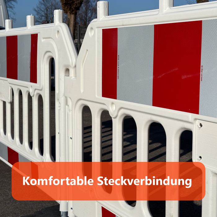 UvV-Shop UvV Absperrgitter ES-King 2 Meter Schrankenzaun ES + Set 4 Absturzsicherungen + 5 K1 Fußplatten mit RA1 oder RA2 (ES-King-Gitter-RA1)