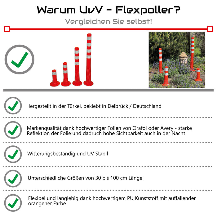 UvV-Flex Premium Absperrpfosten 75cm orange 3 Stück 2cM Reflexstreifen inkl. Befestigungsmaterial