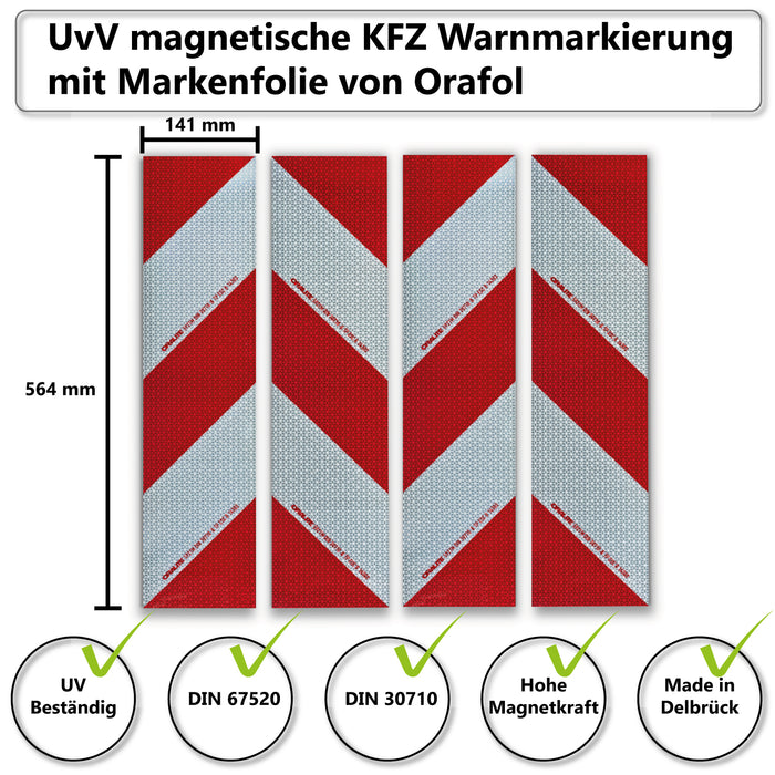 UvV-Reflex magnetische Kfz-Warnmarkierung im Set DIN 30710 für 1 KFZ mit 4 Streifen - 4x141x564 - 2 x linksweisend. und 2 x rechtsweisend / Optional auch selbsthaftend