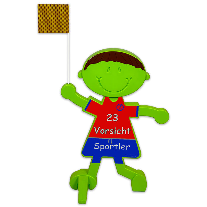 UvV 3D Warnschild Spielende Kinder Sportler, reflektierendes Trikot mit Wunschtext