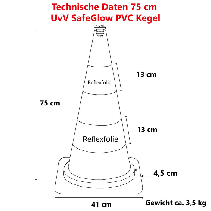 10 Leitkegel tagesleuchtend/weiße Folienringe PVC Orange 75 cm