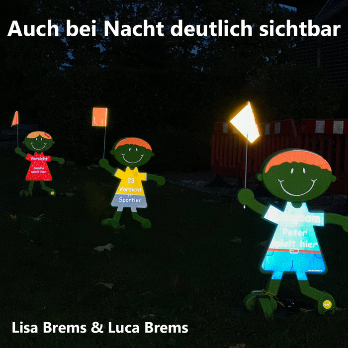 3D Warnschild Lisa Brems und Luca Brems Sicherheit Vorsicht spielende Kinder reflektierende Verkehrsfiguren