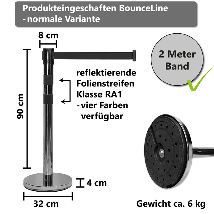 UvV BounceLine Personenleitsystem, Absperrpfosten, Edelstahl, 2 Pfosten 90 cm hoch je 3 m Gewebeband