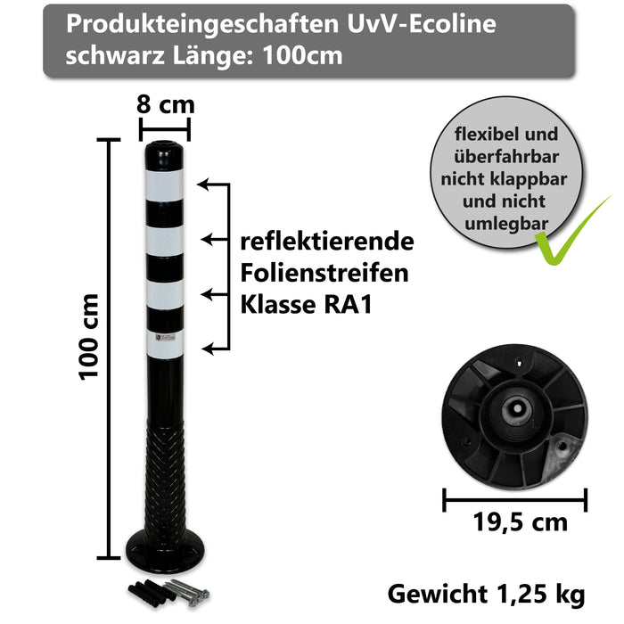 UvV Absperrpfosten Ecoline flexibel 75 oder 100cm schwarz mit Reflexstreifen inkl. Befestigungsmaterial