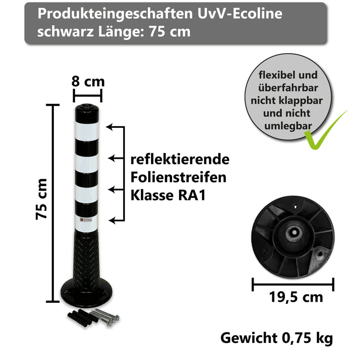 UvV Absperrpfosten Ecoline flexibel 75 oder 100cm schwarz mit Reflexstreifen inkl. Befestigungsmaterial