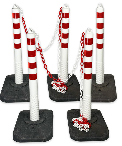 UvV-Shop Kettenpfosten Set flexibel mit schwerer Fußplatte (8 kg) 75 oder 100 cm Höhe 4 Pfosten und 5 m Kette 100 cm