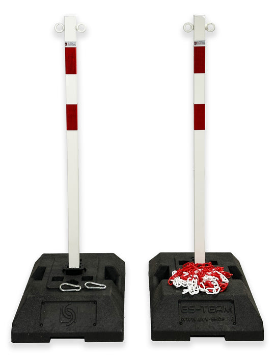 UvV-Shop Kettenpfosten Stahl Set 1 Meter 40mm Stahlpfosten + 13 kg Fußplatte + Absperrkette robuste Absperrlösung Set mit 2 Pfosten vezinkt und weiß beschichtet