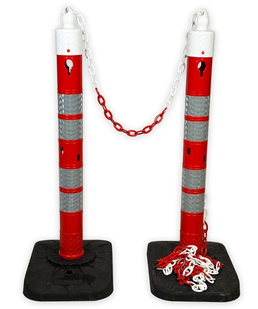 UvV-Shop UvV Kettenpfosten "Tower" 1,2m hoch Ø110mm 8 kg Fußplatte 4 x breite Reflexfolie Absperrset inkl. Kette 2 Pfosten + 5 m Kette