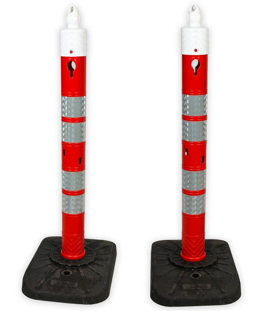 UvV-Shop UvV Kettenpfosten "Tower" 1,2m hoch Ø110mm 8 kg Fußplatte 4 x breite Reflexfolie Absperrset inkl. Kette 2 Pfosten + 5 m Kette