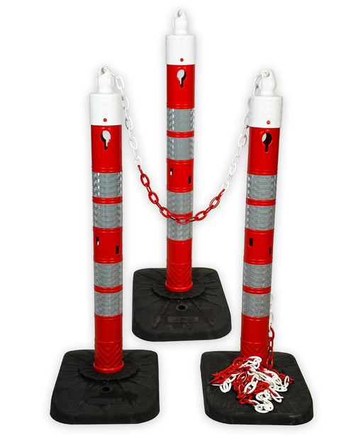 UvV-Shop UvV Kettenpfosten "Tower" 1,2m hoch Ø110mm 8 kg Fußplatte 4 x breite Reflexfolie Absperrset inkl. Kette 3 Pfosten + 9 m Kette