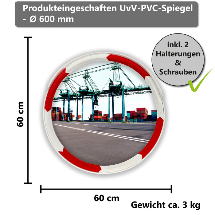 UvV RoadWay Mirror Verkehrsspiegel Acryl in weiß/rot inkl. Befestigung in 600 oder 800 mm Konvexspiegel tote Winkel, Sicherheitsspiegel, Überwachungsspiegel, Straßenspiegel, Panoramaspiegel