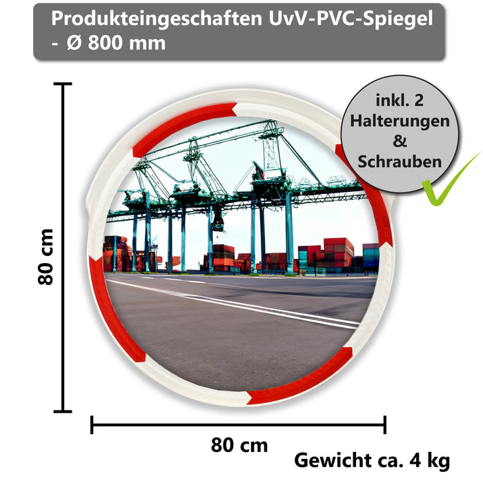 UvV RoadWay Mirror Verkehrsspiegel Acryl in weiß/rot inkl. Befestigung in 600 oder 800 mm Konvexspiegel tote Winkel, Sicherheitsspiegel, Überwachungsspiegel, Straßenspiegel, Panoramaspiegel