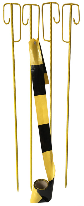 UvV Absperrleinenhalter Stahl Set Laterneneisen 1200 mm lang Ø14 mm mit UVV-Bügel und 1 Rolle (100m) Warnband/Absperrband