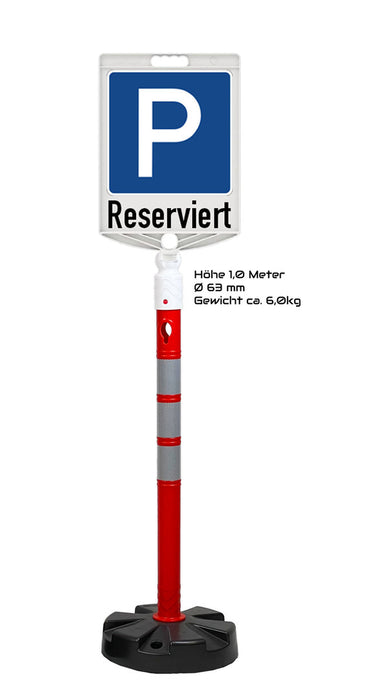 UvV® Kettenpfosten - Parkplatz mit Hinweistext - Schild gedruckt auf Retro reflektierender Folie Klasse RA1 | P Zeichen (reflektierend) und Text "Reserviert"