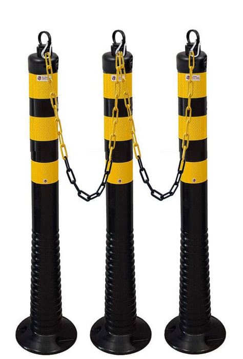 Flexible Kettenpfosten 3 x 75 cm schwarz, gelb mit Kette.
