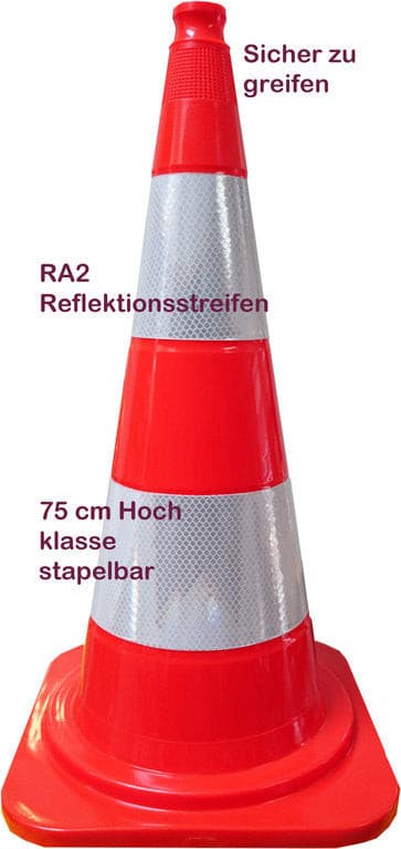 Verkehrskegel, 75 cm Orange, 2 Reflexstreifen RA2C UvV-Reflex.