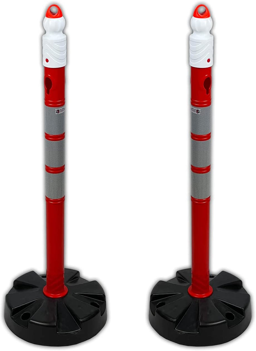 UvV Kettenpfosten-Set – 4 X 1 M Hohe Absperrpfosten Mit Reflektierender Folie + 25 M Kette (rot/weiß)
