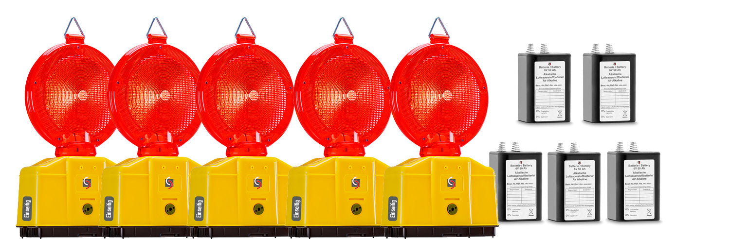 Vollsperrung Set 5 x LED Warnleuchten rot Ein- oder Zweiseitg optional mit Batterien