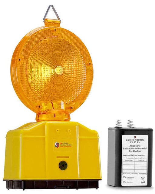 Warnleuchte Baustellenleuchte gelb LED + 1 x 50Ah Luft-Sauerstoff Batterie.