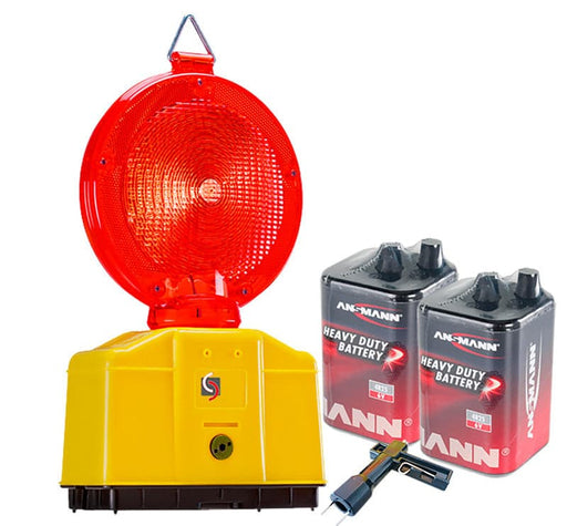 Baustellenleuchte Warnleuchte rot LED Set mit 2 Batterien 9Ah.