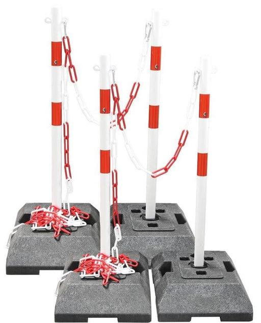 UvV-Shop Kettenständer Set schwere Stahl Kettenpfosten 1 m x Ø42mm inkl. 8mm Kette, 18 kg Fußteil Kette rot weiß Set A = 4 Pfosten