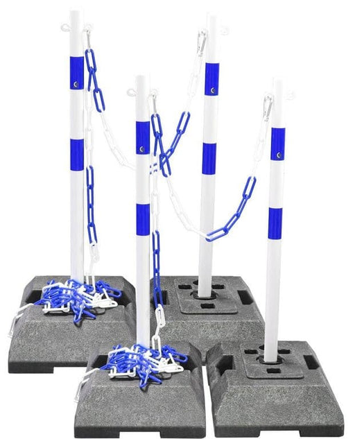 UvV-Shop Kettenständer Set schwere Stahl Kettenpfosten 1 m x Ø42mm inkl. 8mm Kette, 18 kg Fußteil Kette blau weiß Set A = 4 Pfosten