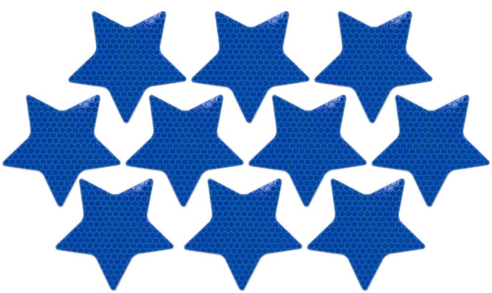 UvV Reflex Aufkleber 10 Sterne 5 Zacken je 70mm RA2 Reflexfolie blau, gelb, rot oder silber.